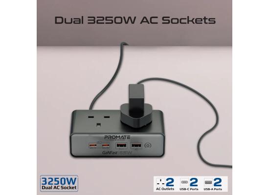 Promate PowerBrix2-GaN65, 65W Power Delivery GaNFast Charging Station with 3250W Dual AC Socket